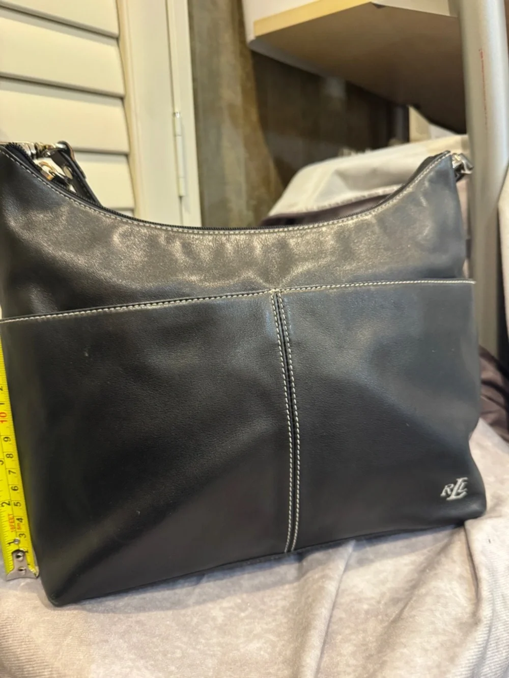 Lauren Ralph Lauren Black Leather Shoulder‎ Bag with Contrast Stitching